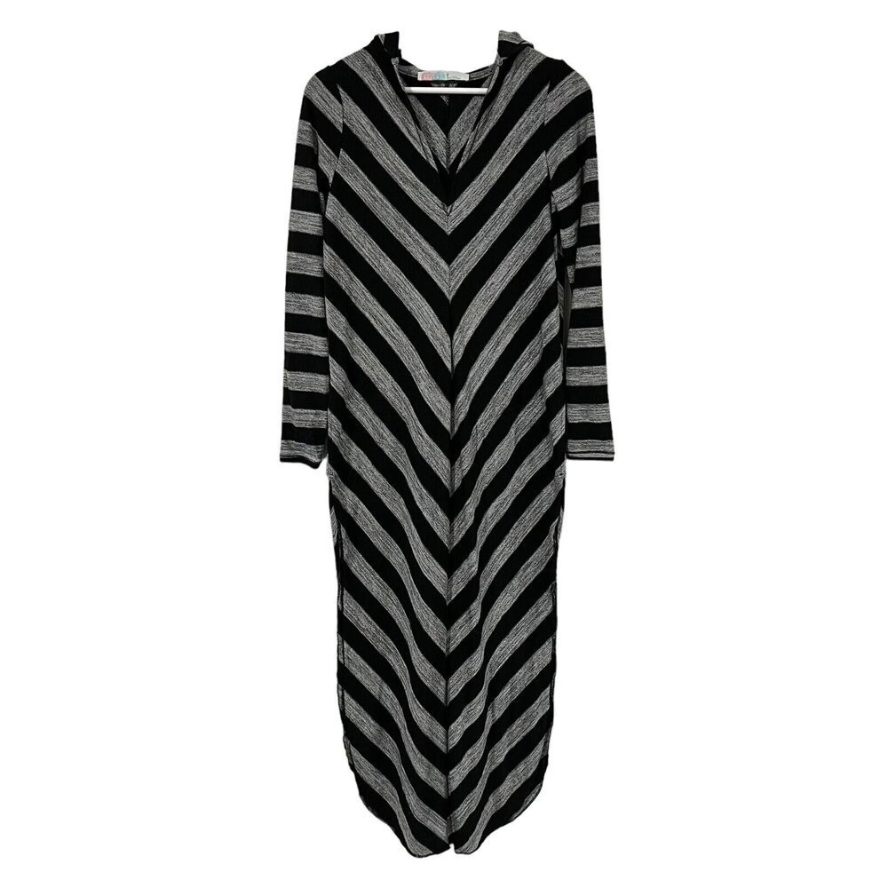 Free People Beach XS Maxi Cover Up Dress Black‎ Gray Chevron Long Sleeve Hooded